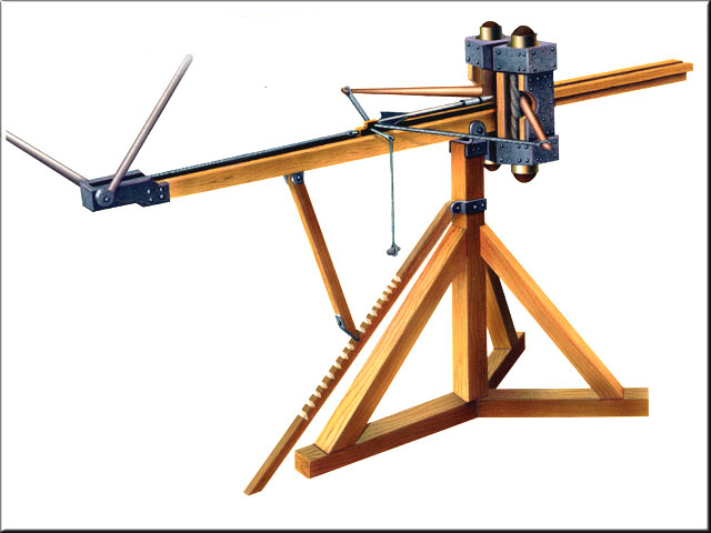 Roman Catapult - airbrush illustration by Les Still